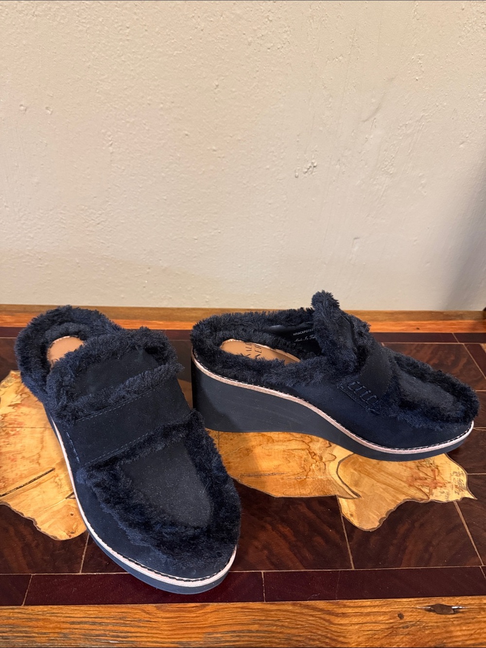 Donald J. Pliner Navy Faux-Fur Wedge Mules
